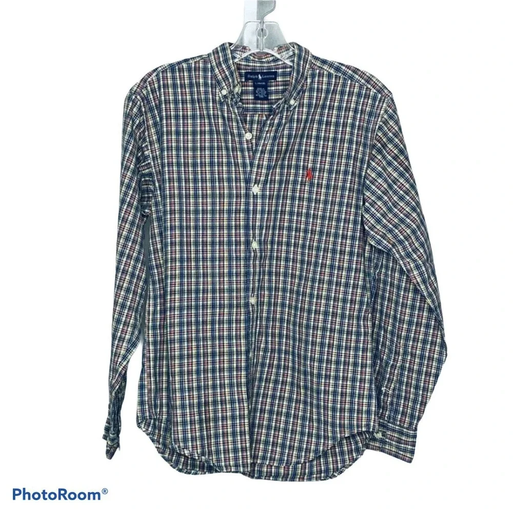 Ralph Lauren Boys Button Front Shirt Yellow Red Plaid Collared Oxford Size Large